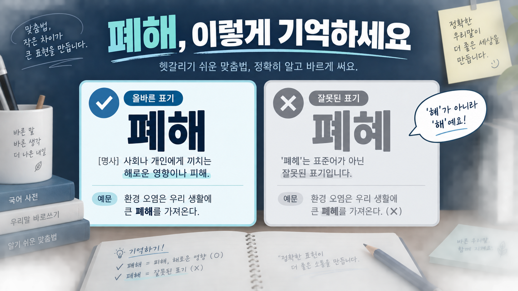 폐해와 폐혜 표기를 비교한 한국어 맞춤법 정보카드