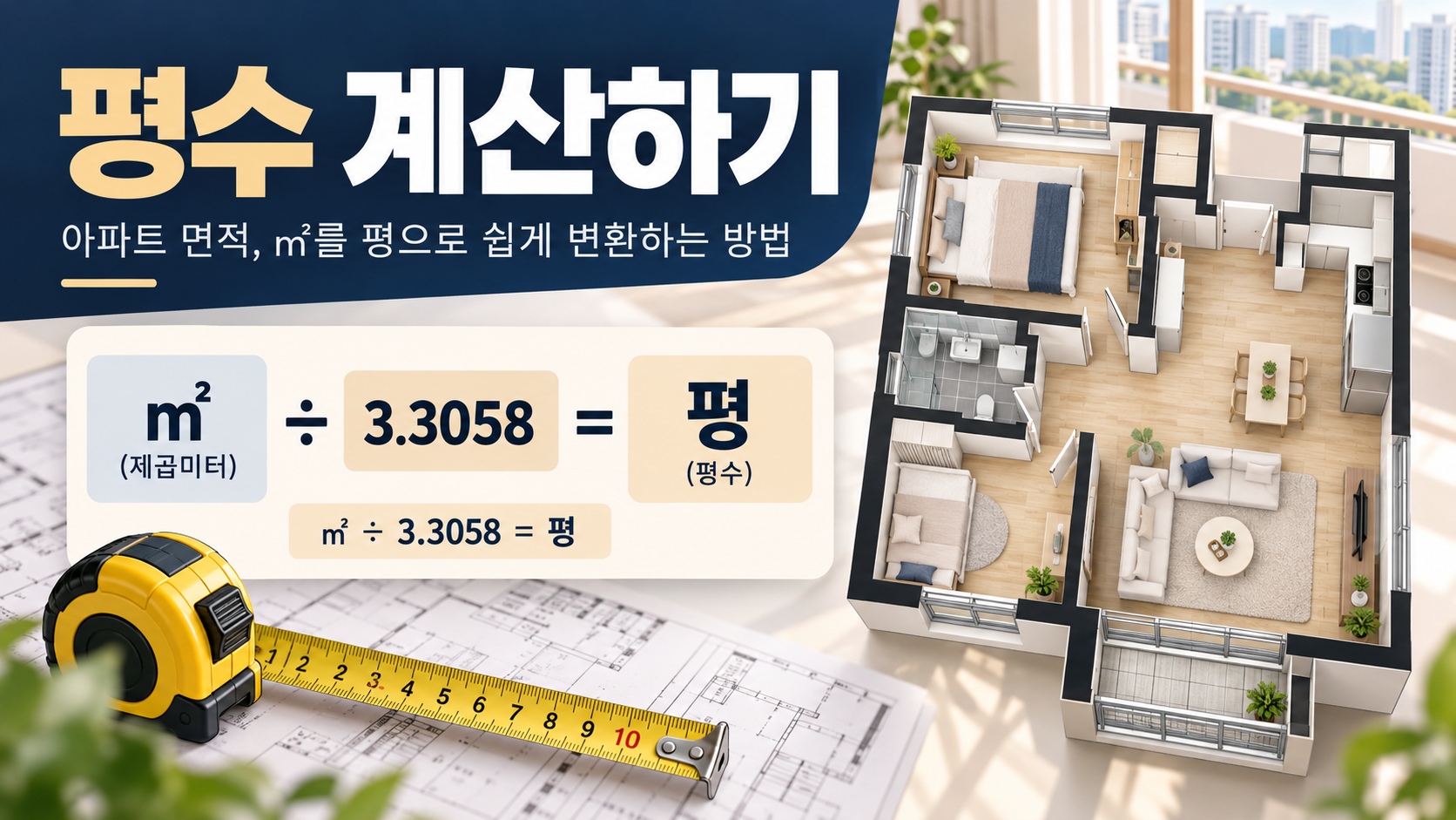 평수 계산과 제곱미터 환산 공식을 보여 주는 아파트 면적 정보 카드