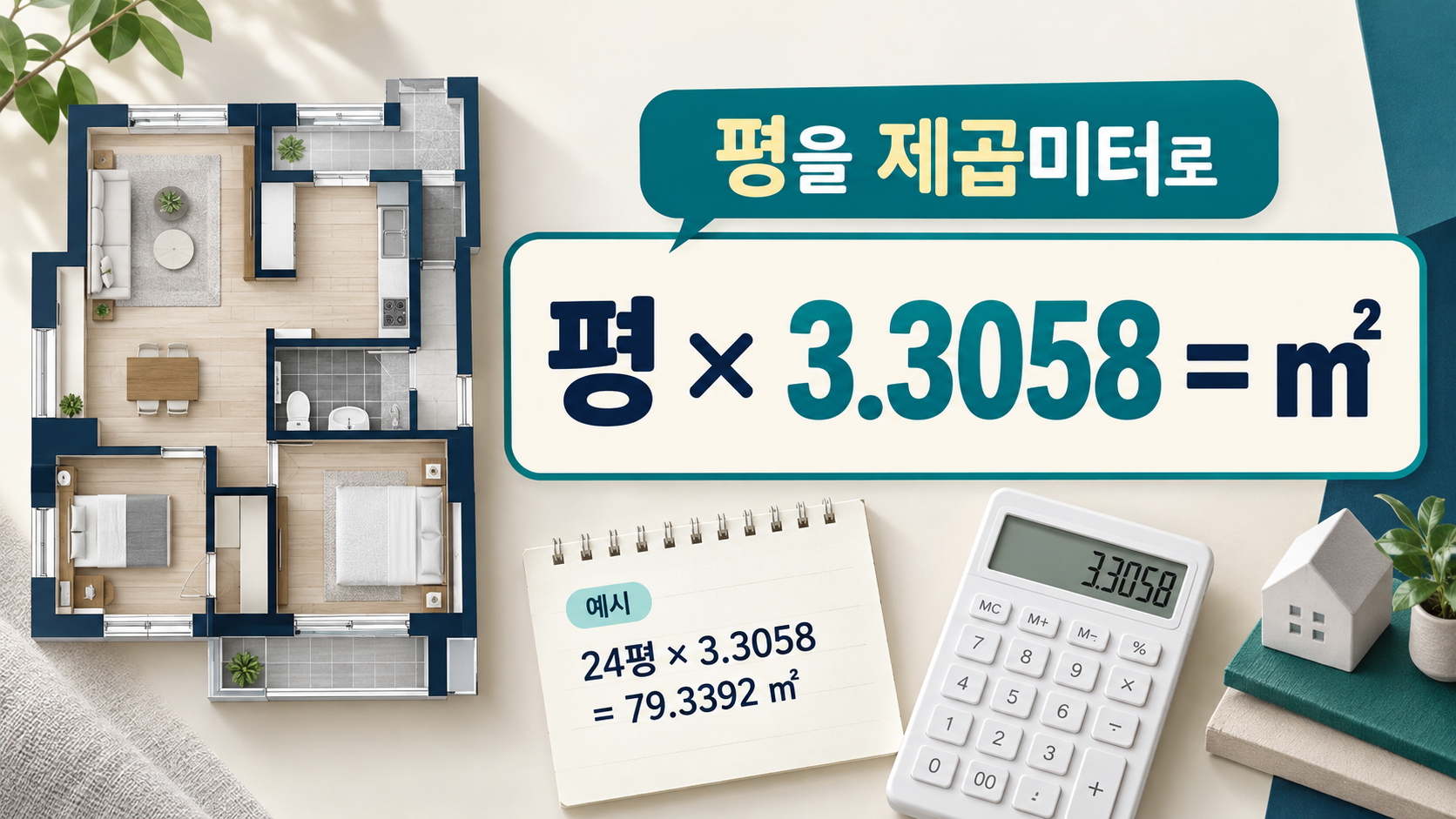 평을 제곱미터로 환산하는 공식을 보여 주는 계산기 정보 카드