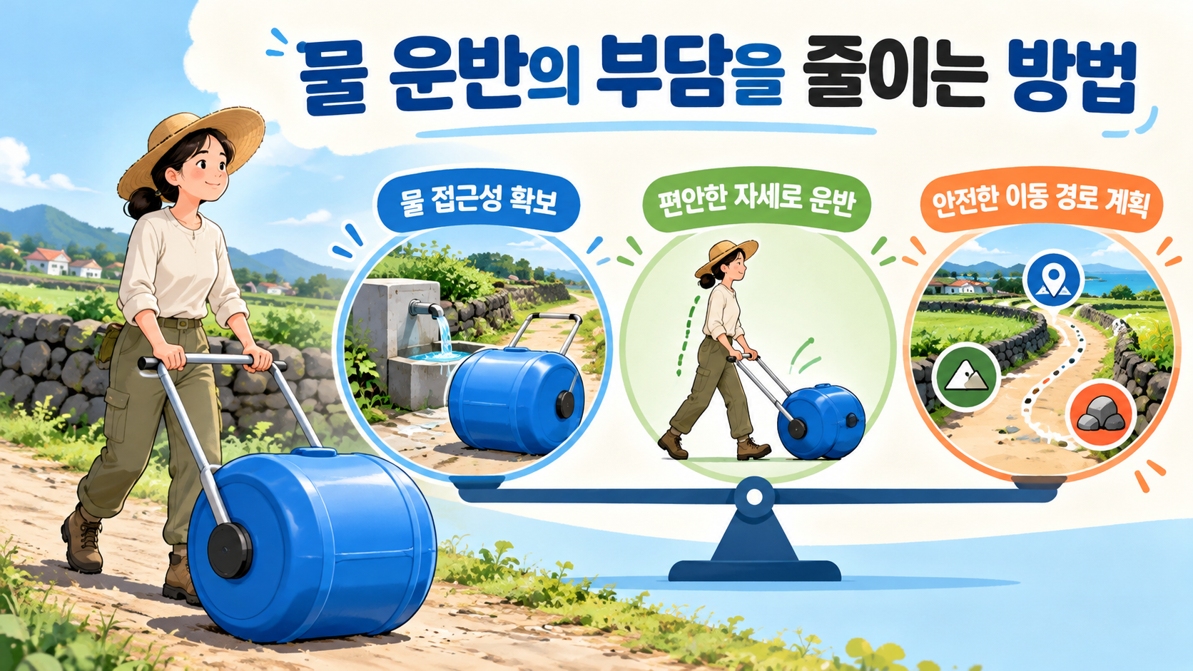 큐드럼 운반 경로와 안전 요소를 설명한 정보 카드