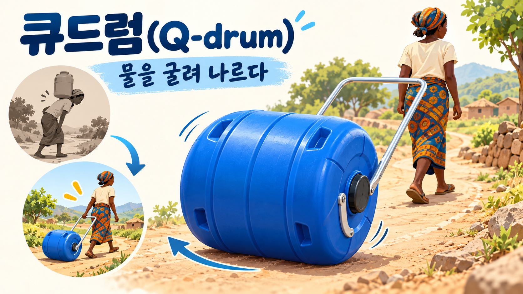 파란 큐드럼을 굴려 물을 옮기는 모습