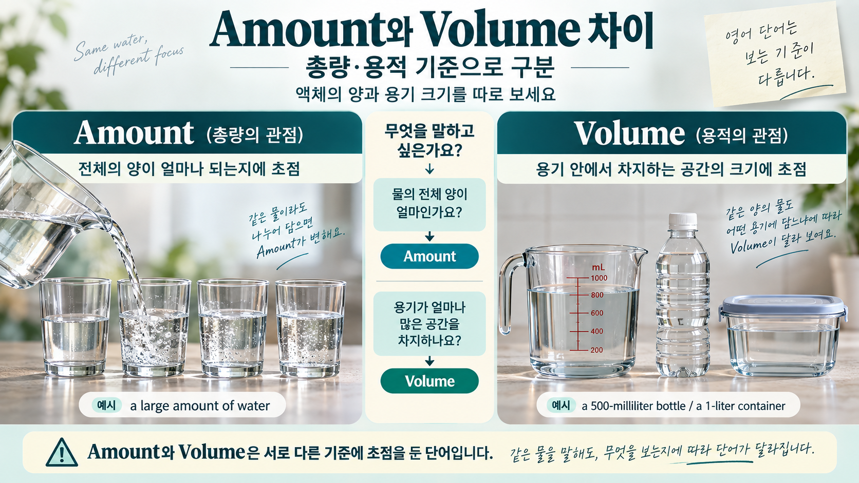 amount와 volume의 차이를 액체 양과 용적 기준으로 비교한 한글 정보카드