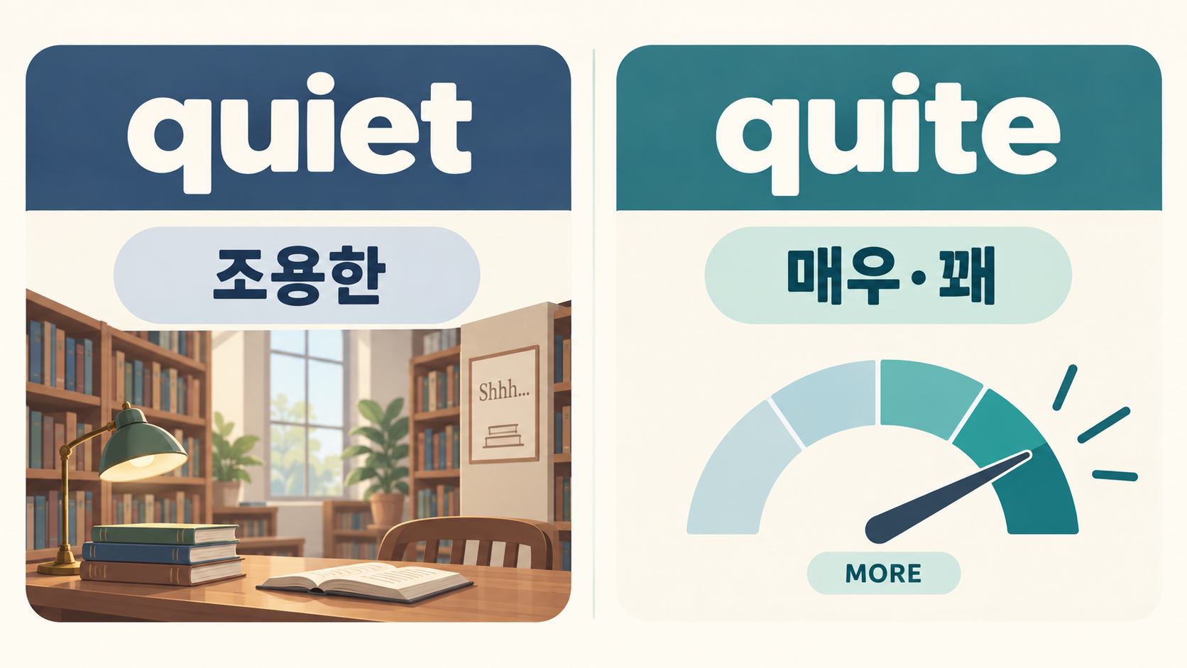 quiet와 quite의 뜻을 비교한 영어 학습 카드