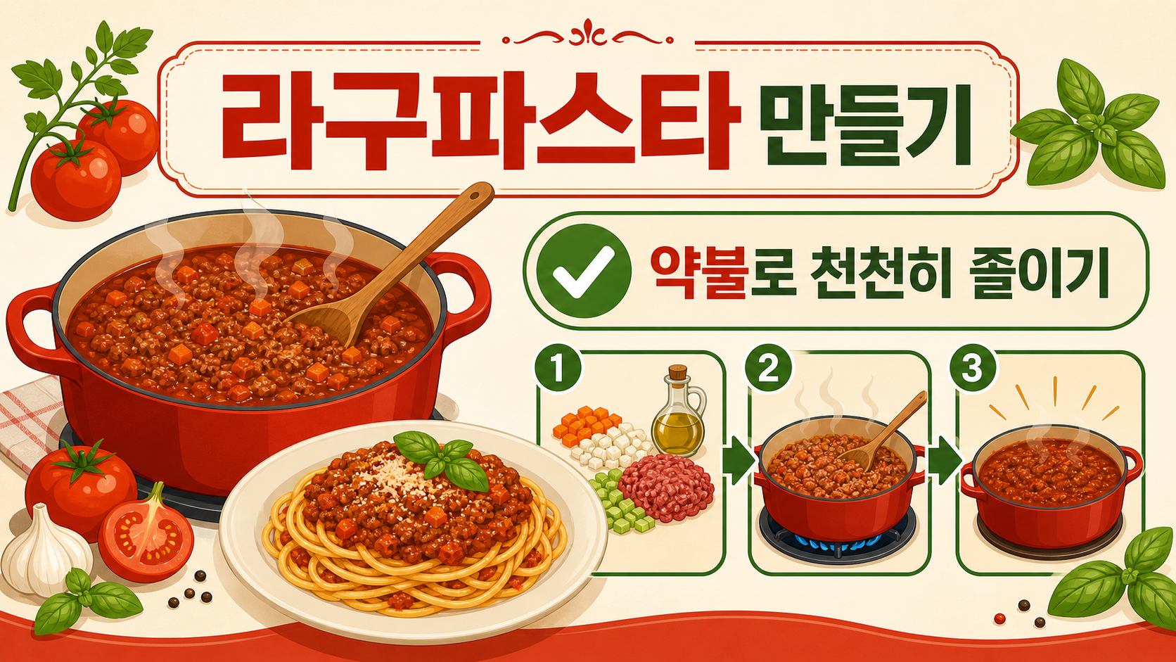 라구파스타 만들기와 약불로 천천히 졸이는 라구소스 핵심을 정리한 한국어 정보카드