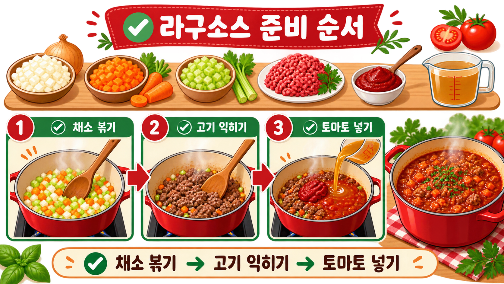 라구소스 재료와 채소 볶기, 고기 익히기, 토마토 넣기 순서를 보여 주는 한국어 정보카드