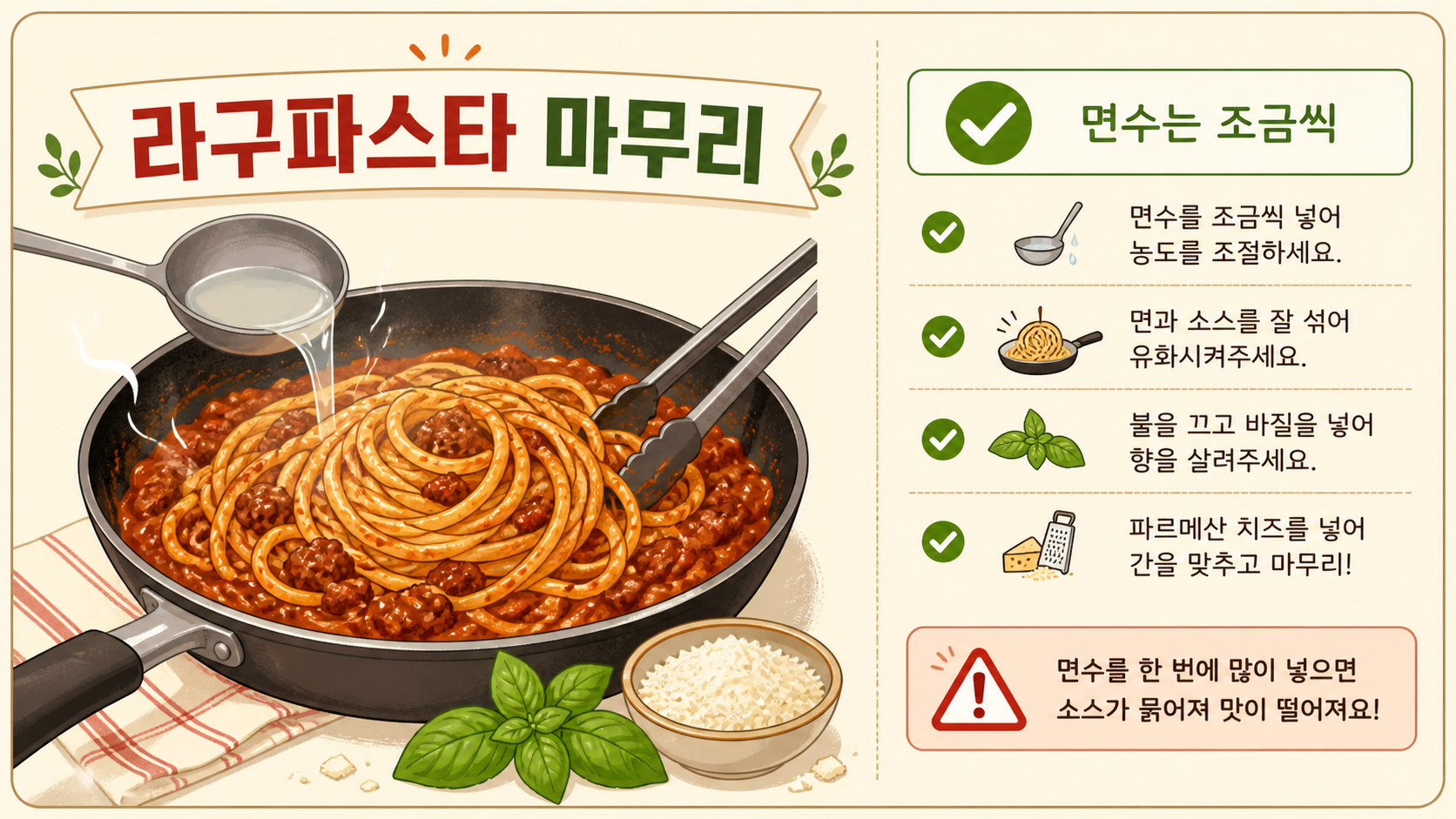 라구파스타에 면수를 조금씩 넣어 마무리하는 방법을 보여 주는 한국어 정보카드