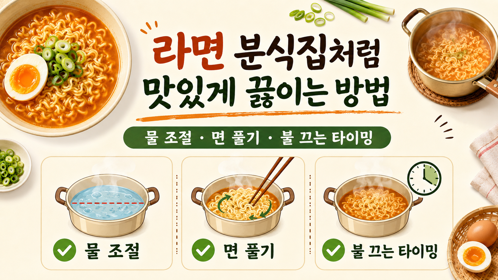 라면 분식집처럼 맛있게 끓이는 방법을 물 조절과 면 풀기, 불 끄는 타이밍으로 보여 주는 정보카드