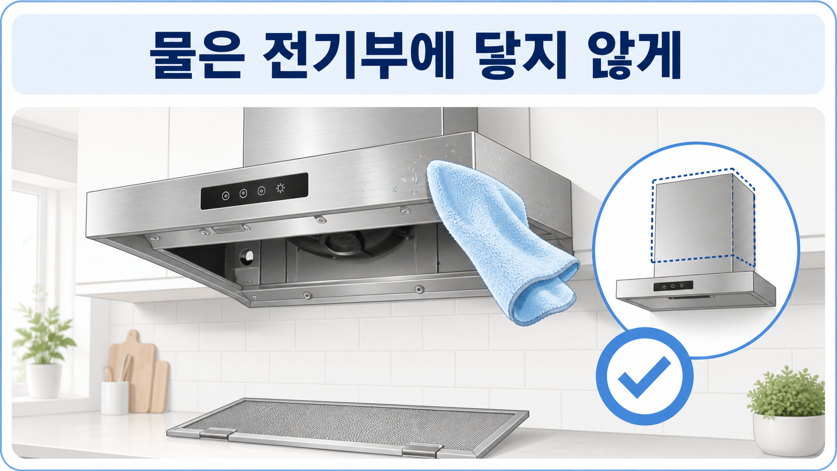 레인지 후드 외부를 마른 천으로 닦고 전기부 주변에 물이 닿지 않게 관리하는 방법