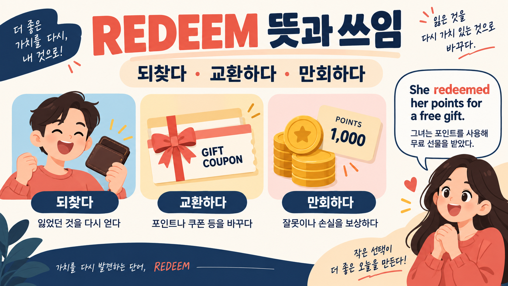 Redeem 뜻과 쓰임을 설명하는 한국어 정보카드