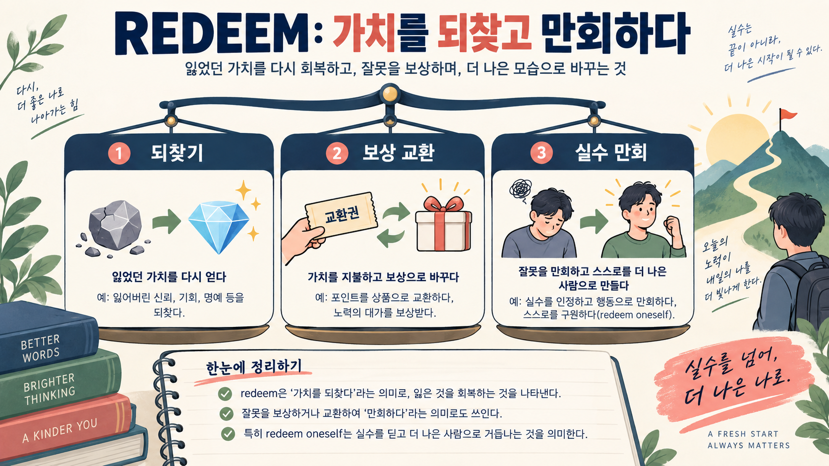 가치 회복과 실수 만회를 설명하는 Redeem 한국어 정보카드