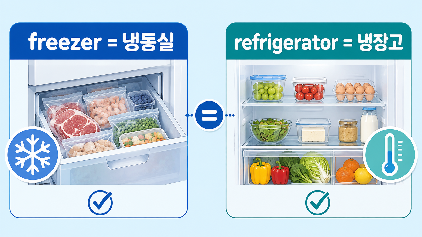 freezer와 refrigerator의 보관 기능을 비교한 영어 정보카드