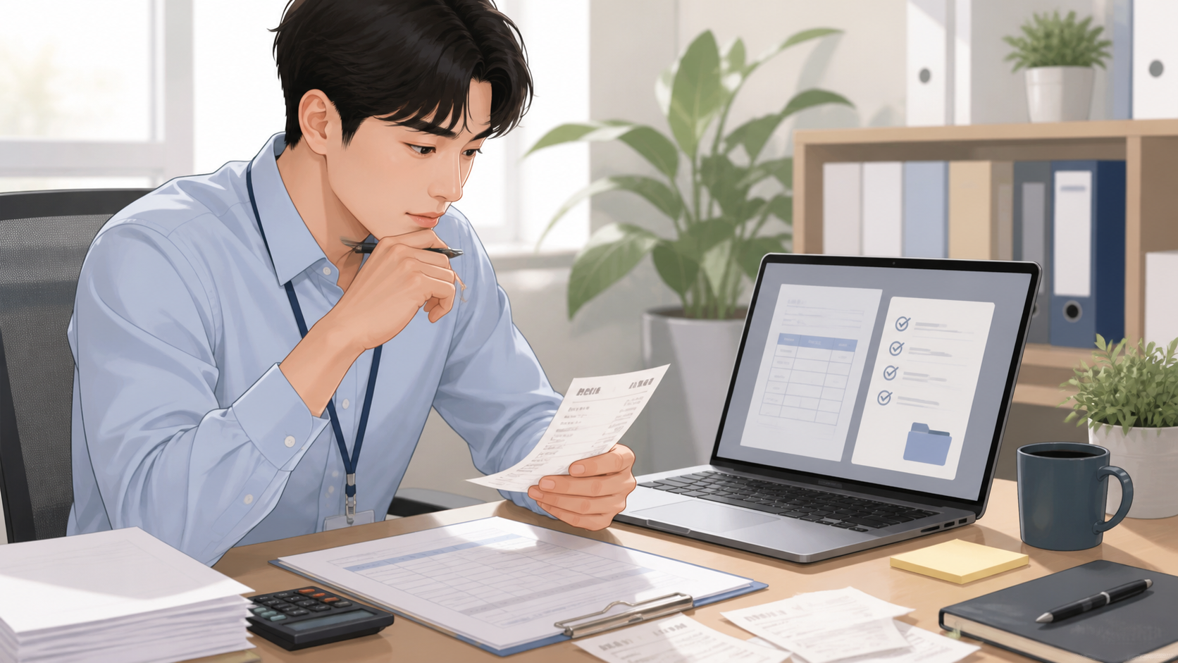 영수증과 경비 양식을 확인하며 비용 상환 서류를 검토하는 직장인 일러스트
