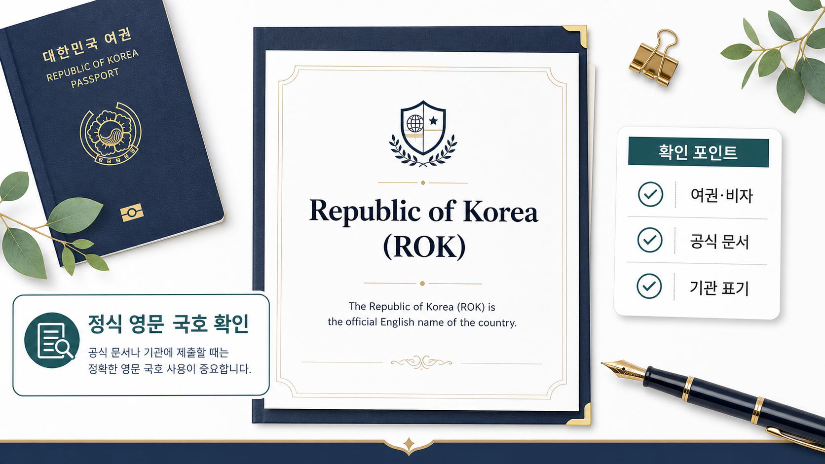 Republic of Korea를 공식 문서에 쓰는 방법을 보여 주는 문서 표기 안내 이미지