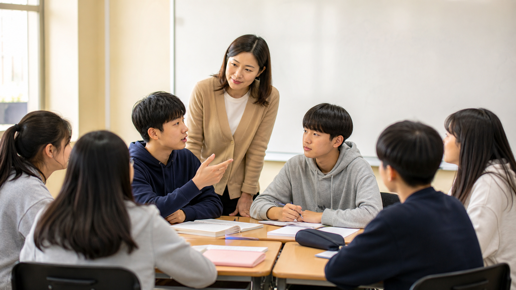 학생들이 서로의 의견을 듣고 대화하는 교실 모습