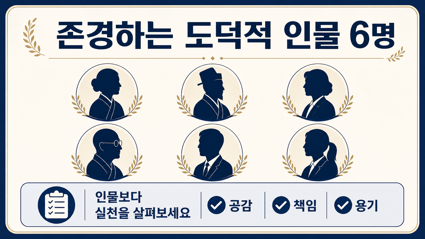 존경하는 도덕적 인물 6명과 공감 책임 용기를 담은 정보카드