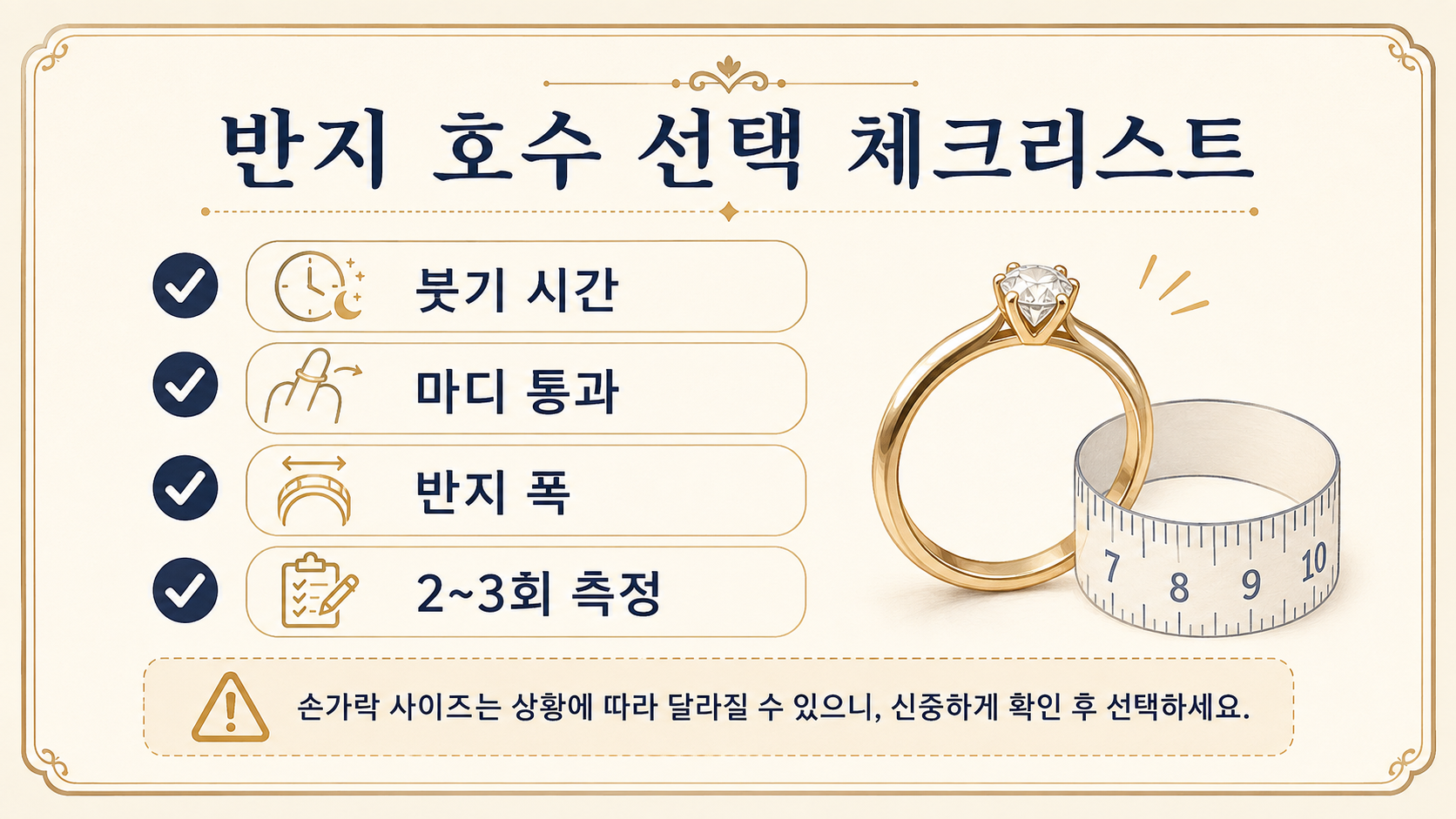 붓기 시간과 마디 통과, 반지 폭, 반복 측정을 점검하는 반지 호수 선택 체크리스트