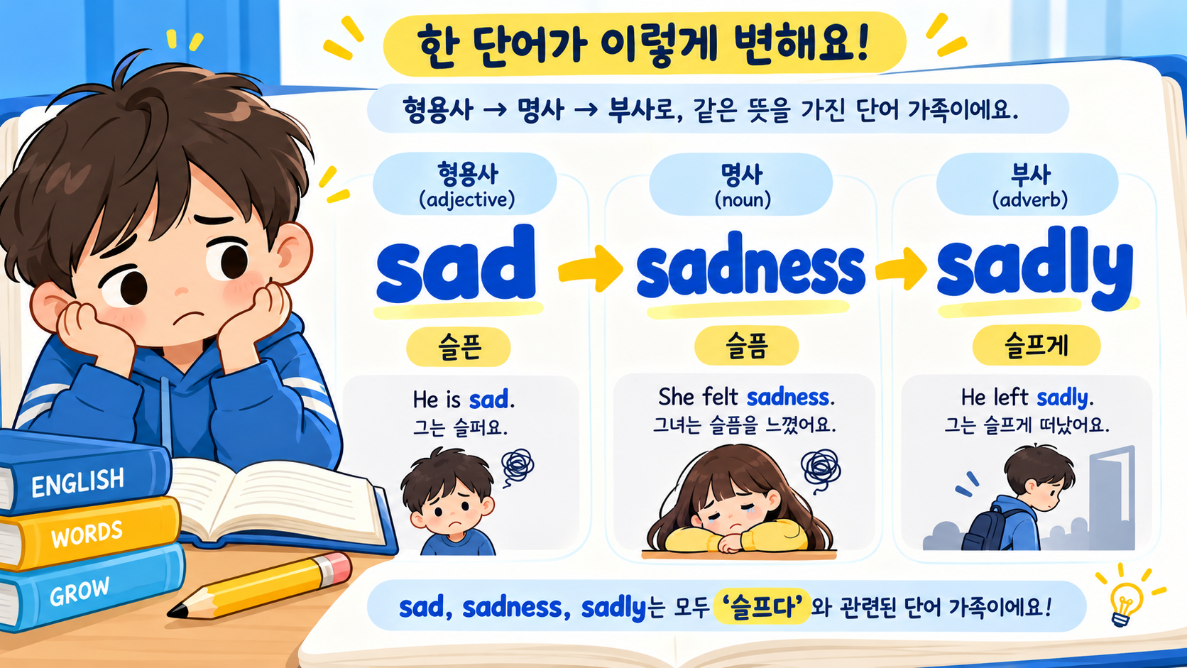 sad sadness sadly 단어 가족 정보카드