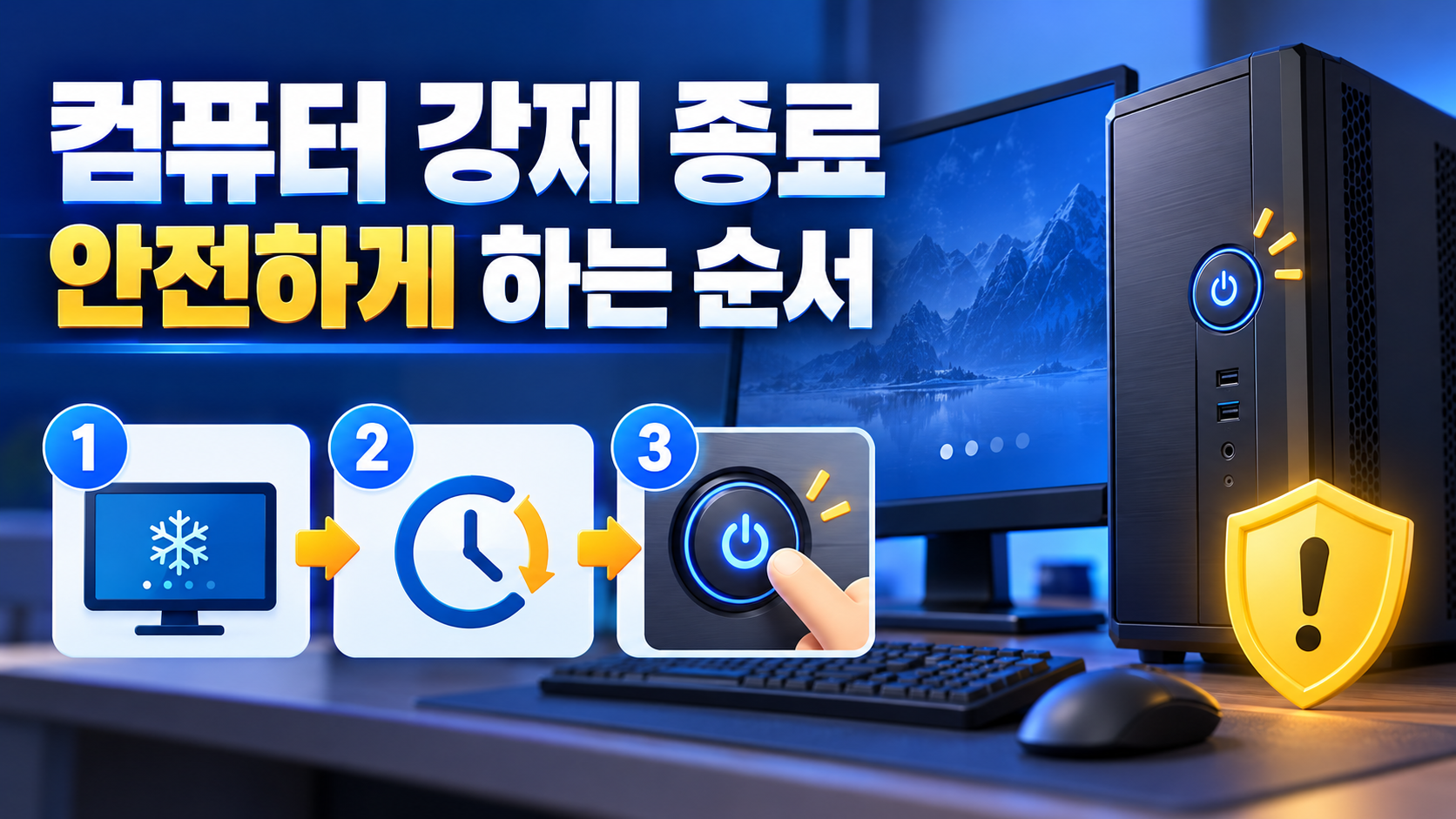멈춘 컴퓨터를 안전하게 종료하는 순서를 나타낸 정보카드