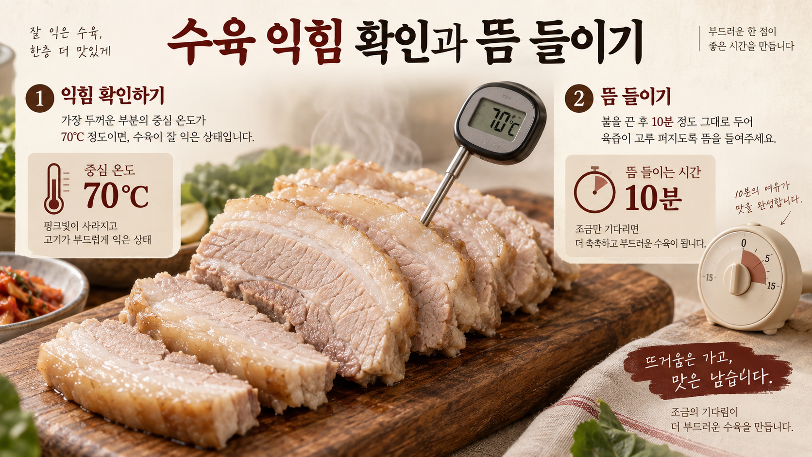 삼겹살 수육 익힘 확인과 뜸 들이기 정보카드