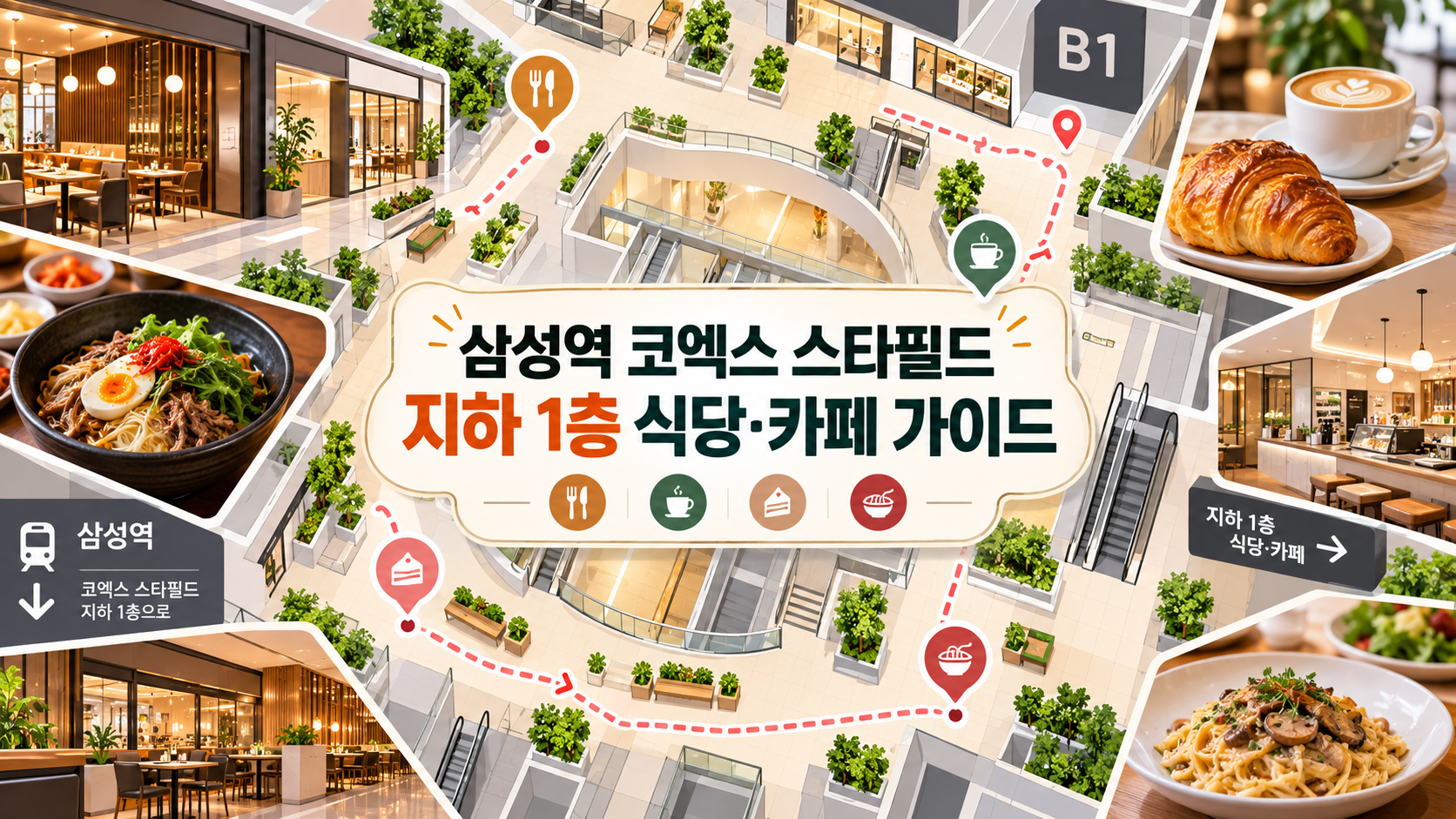 삼성역 코엑스 스타필드 지하 1층 식당과 카페 동선 정보카드