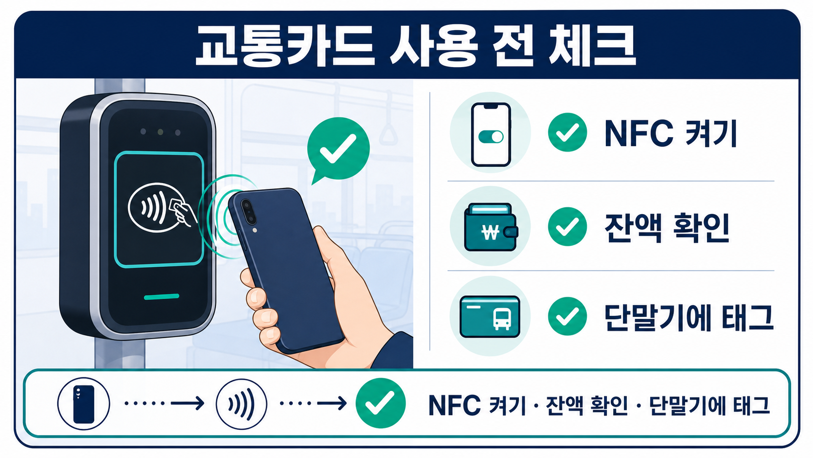 교통카드 사용 전 NFC와 잔액을 확인하고 단말기에 태그하는 정보 카드