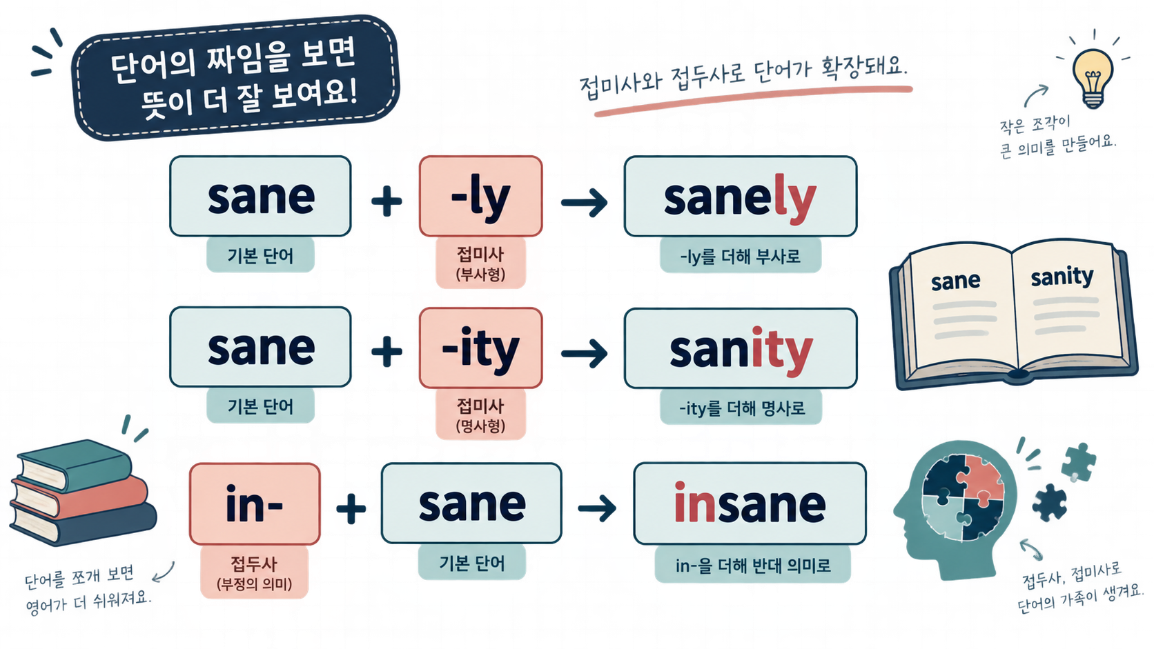 sane sanely sanity insane의 단어 형성 정보카드