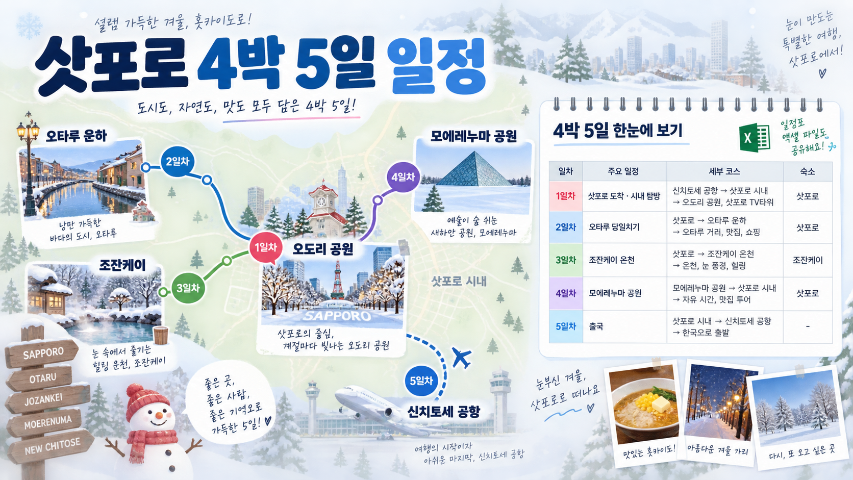 삿포로 4박 5일 여행 동선을 표시한 한국형 일정 정보카드