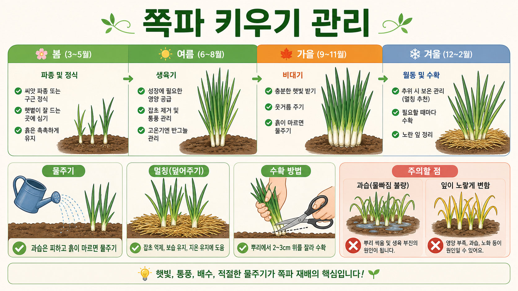 쪽파 계절별 관리와 물주기, 수확 주의점을 보여 주는 정보카드