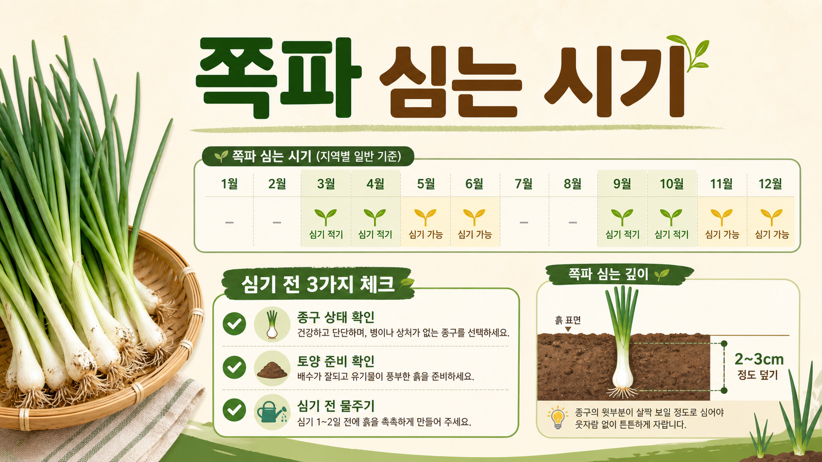 쪽파 심는 시기와 심기 전 체크 항목을 정리한 정보카드
