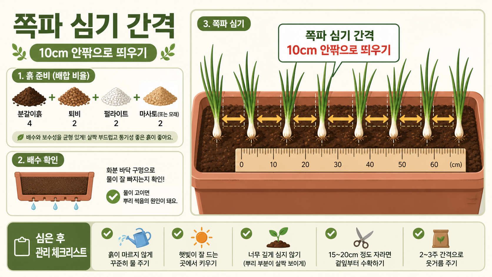 쪽파 종구 심기 간격과 배수 확인을 보여 주는 정보카드