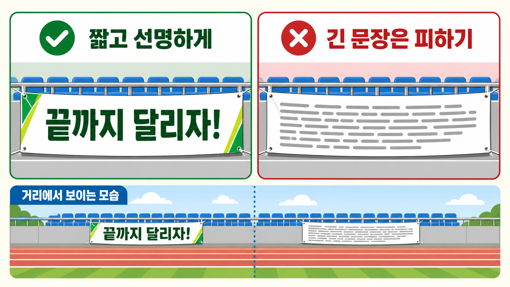 짧고 선명한 플랜카드 문구와 긴 문장 비교