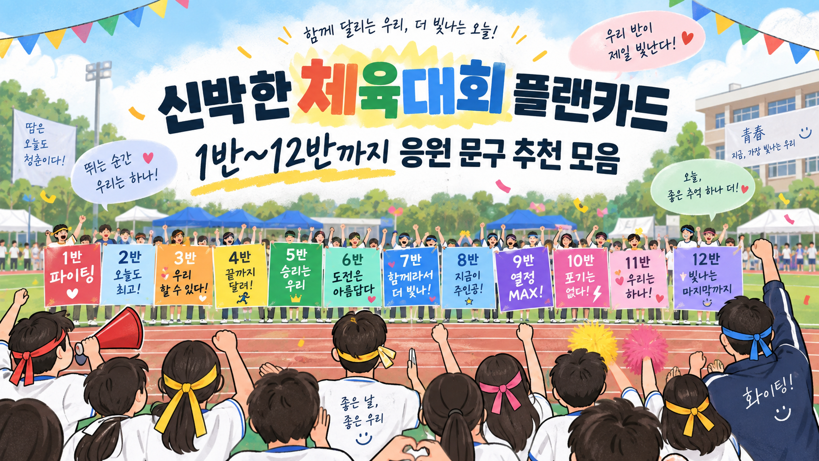 1반부터 12반까지 체육대회 플랜카드 응원 문구를 보여 주는 한국형 정보카드