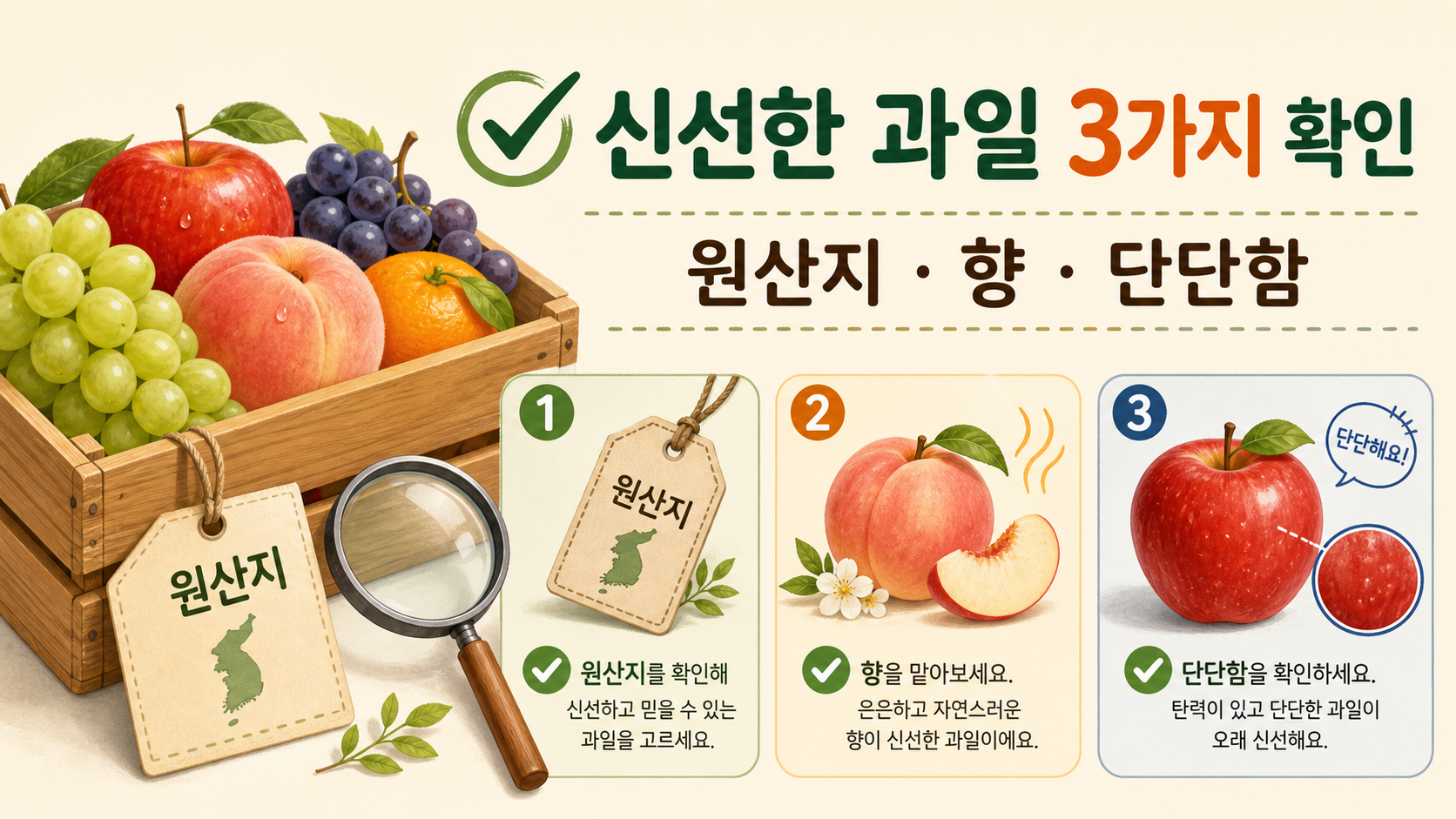 원산지와 향, 단단함을 확인하는 신선한 과일 선택 정보카드