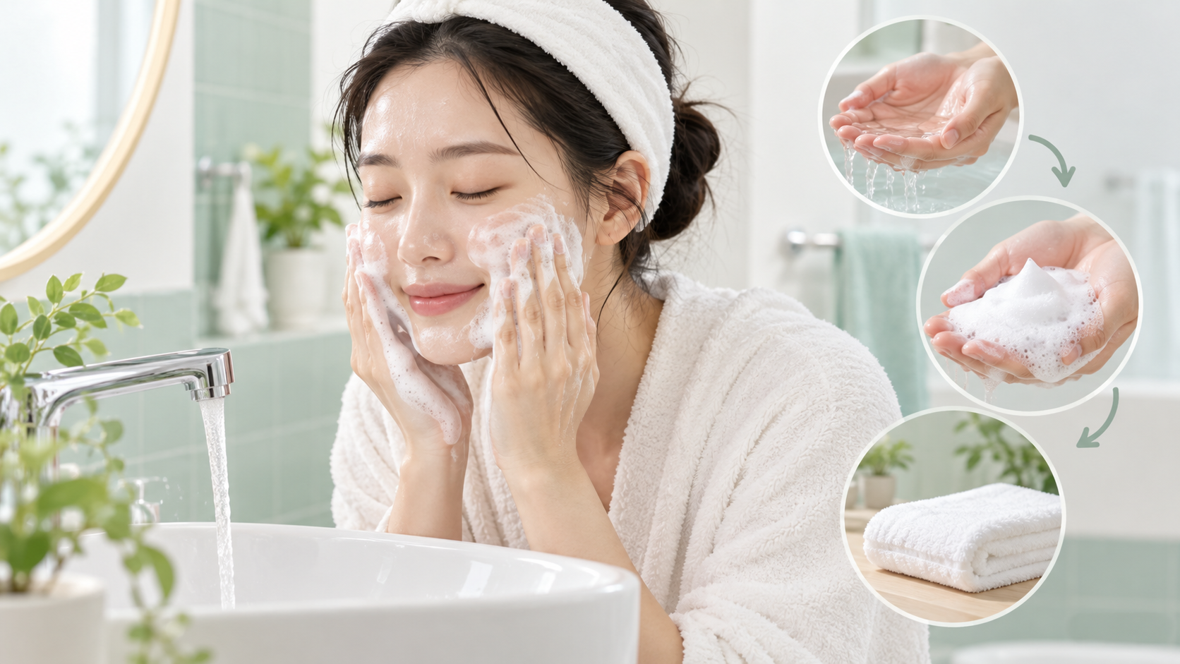 부드럽게 세안하는 모습과 미지근한 물, 거품, 수건 안내