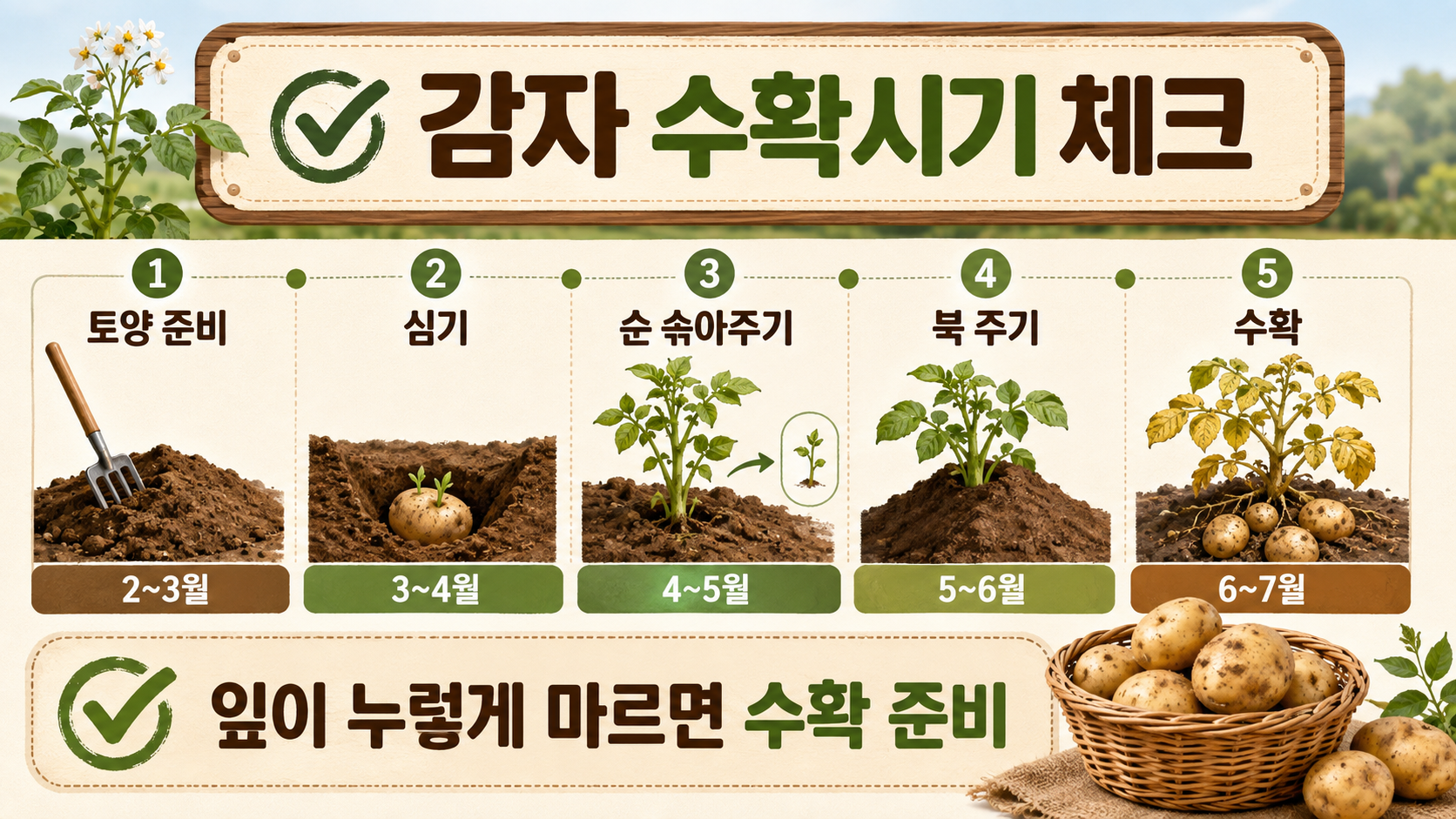 감자 수확시기와 잎 상태를 확인하는 정보카드