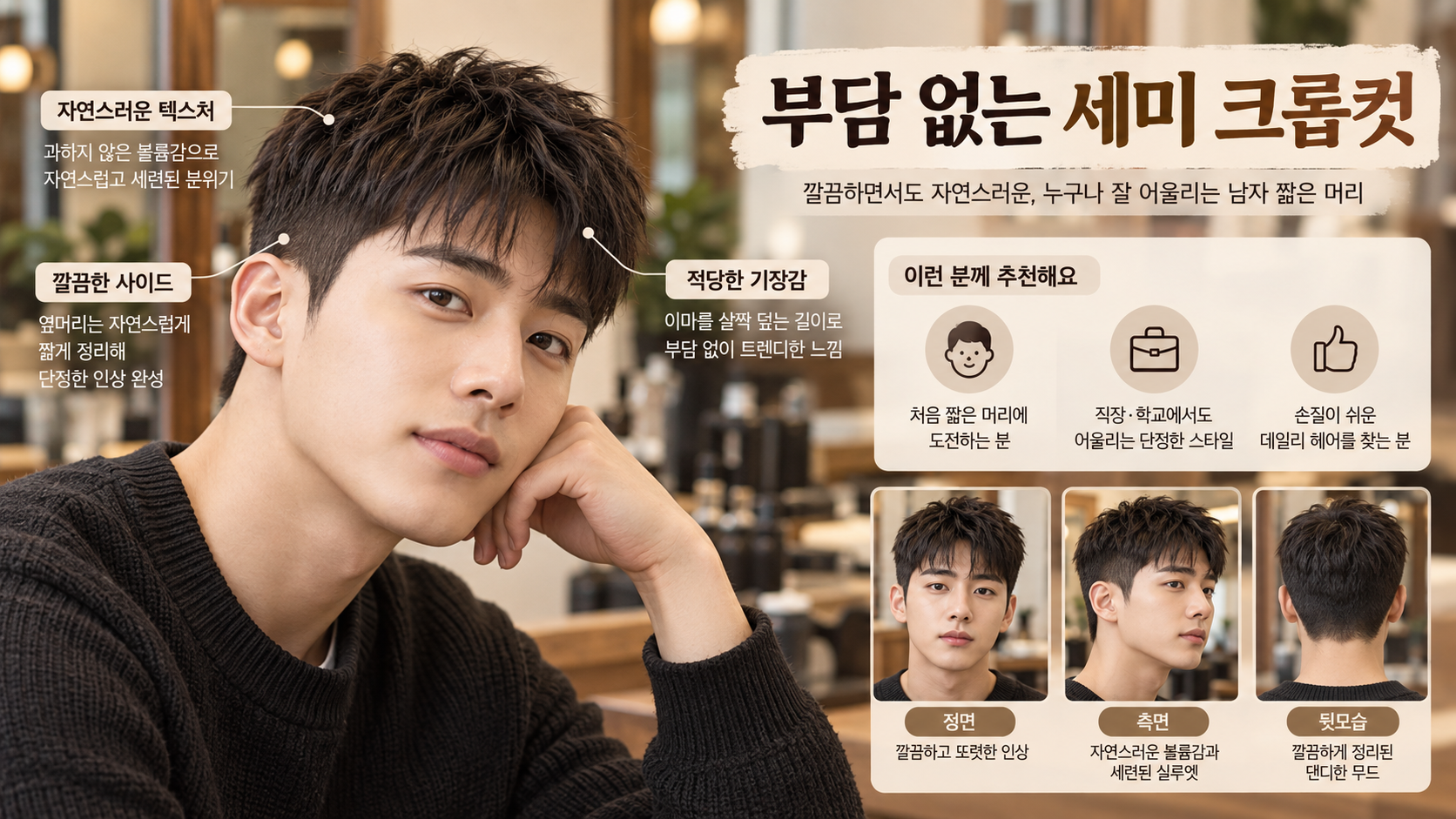 부담 없는 세미 크롭컷 남자 짧은 머리 정보카드