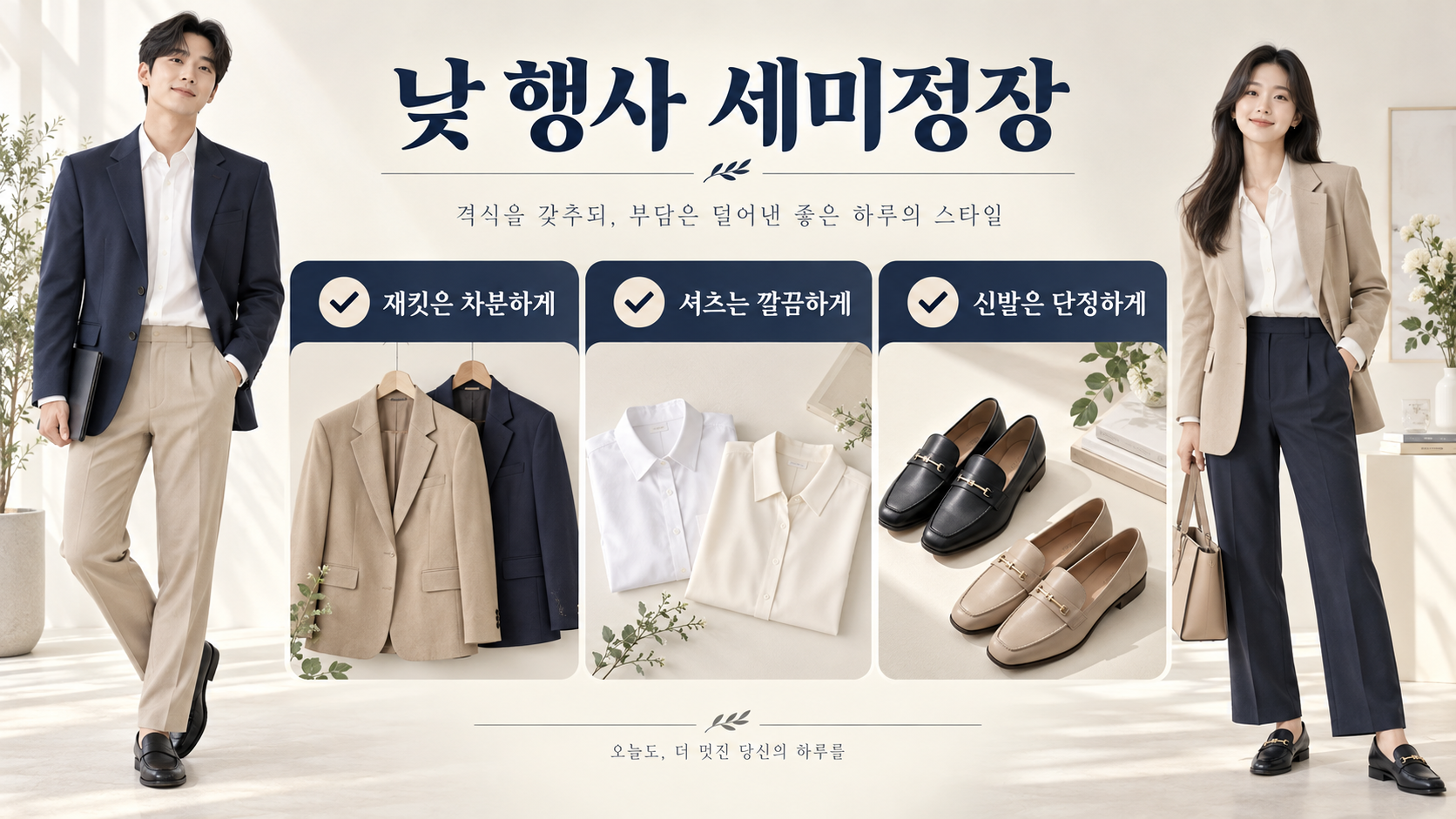 재킷과 셔츠, 바지, 구두를 배치한 낮 행사 세미정장 정보 카드