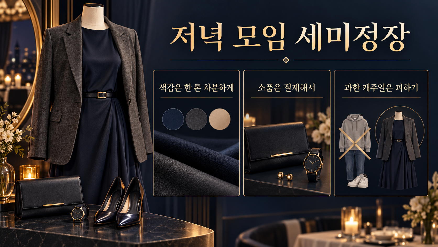 차콜 재킷과 시계, 벨트, 구두로 구성한 저녁 세미정장 정보 카드