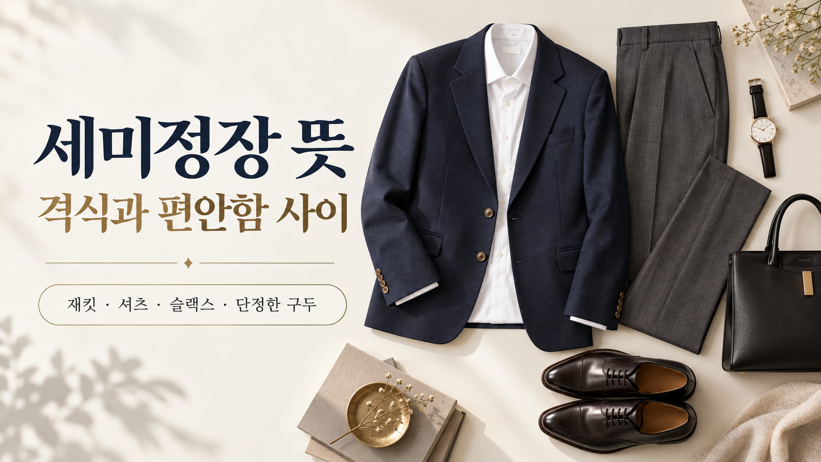 네이비 재킷과 셔츠, 슬랙스로 구성한 세미정장 정보 카드