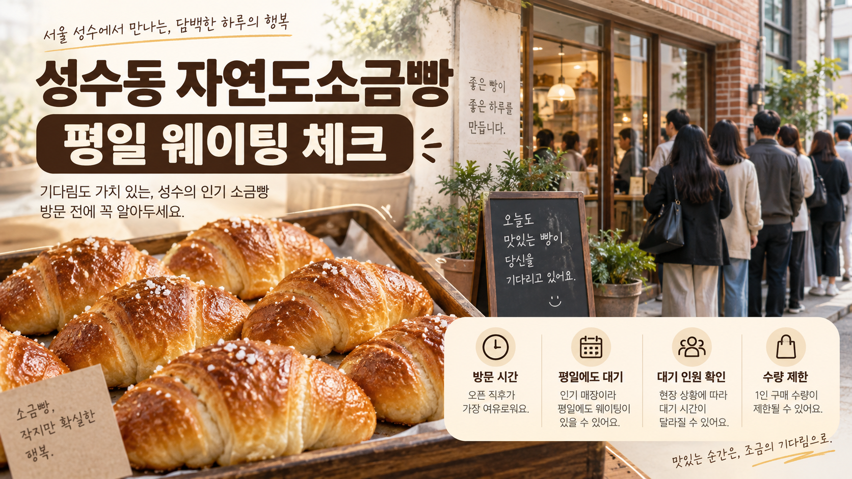 성수동 소금빵과 평일 웨이팅 체크 항목을 담은 한국형 정보카드