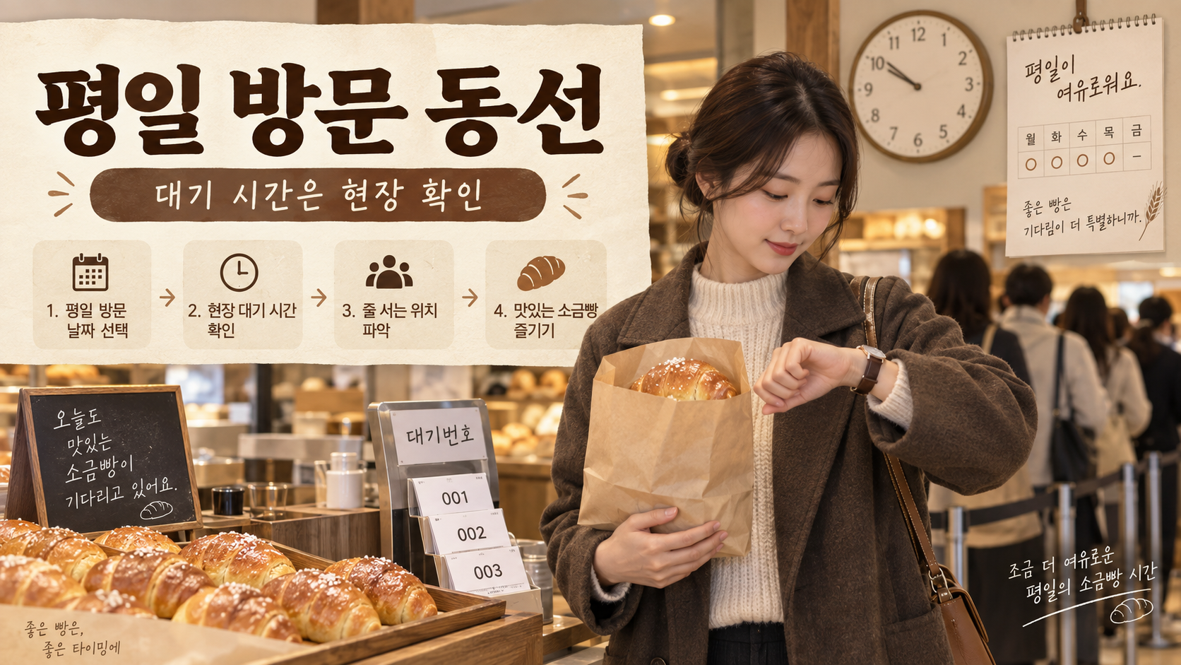 평일 성수동 소금빵 방문 동선과 현장 대기 확인을 설명하는 한국형 정보카드