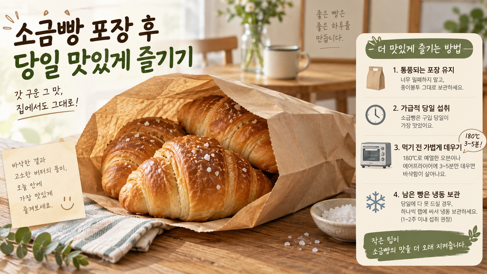 소금빵 포장 후 당일 섭취와 가벼운 데우기 방법을 담은 한국형 정보카드