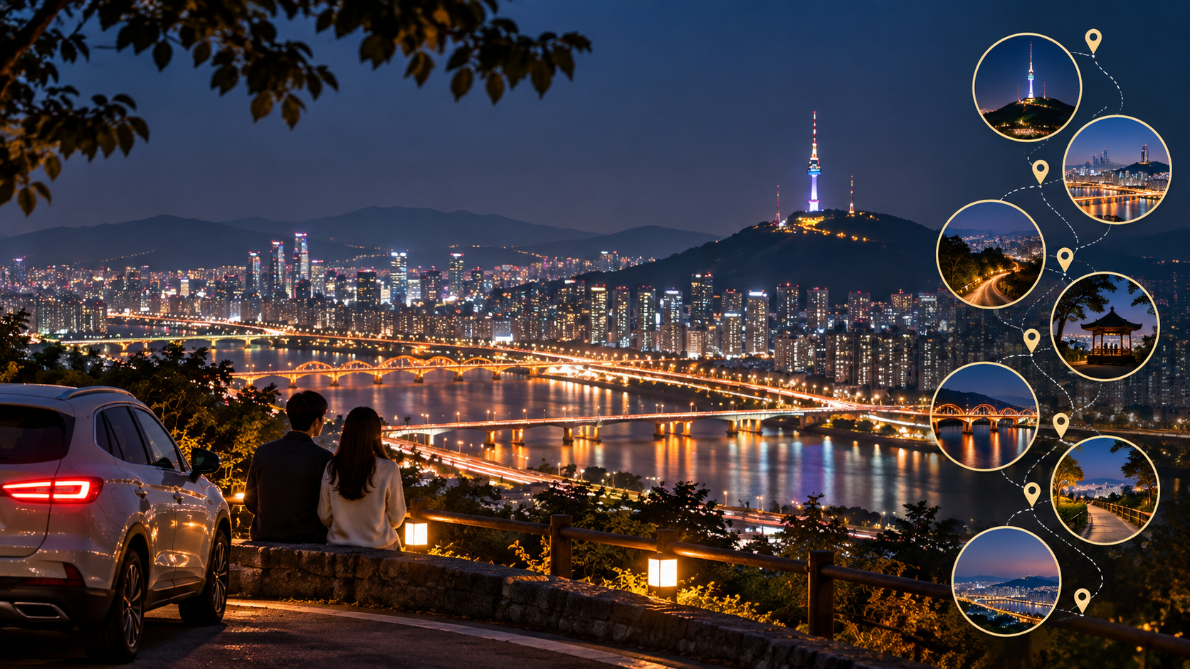 서울 도심과 한강 야경을 내려다보는 전망대와 야간 주차 차량