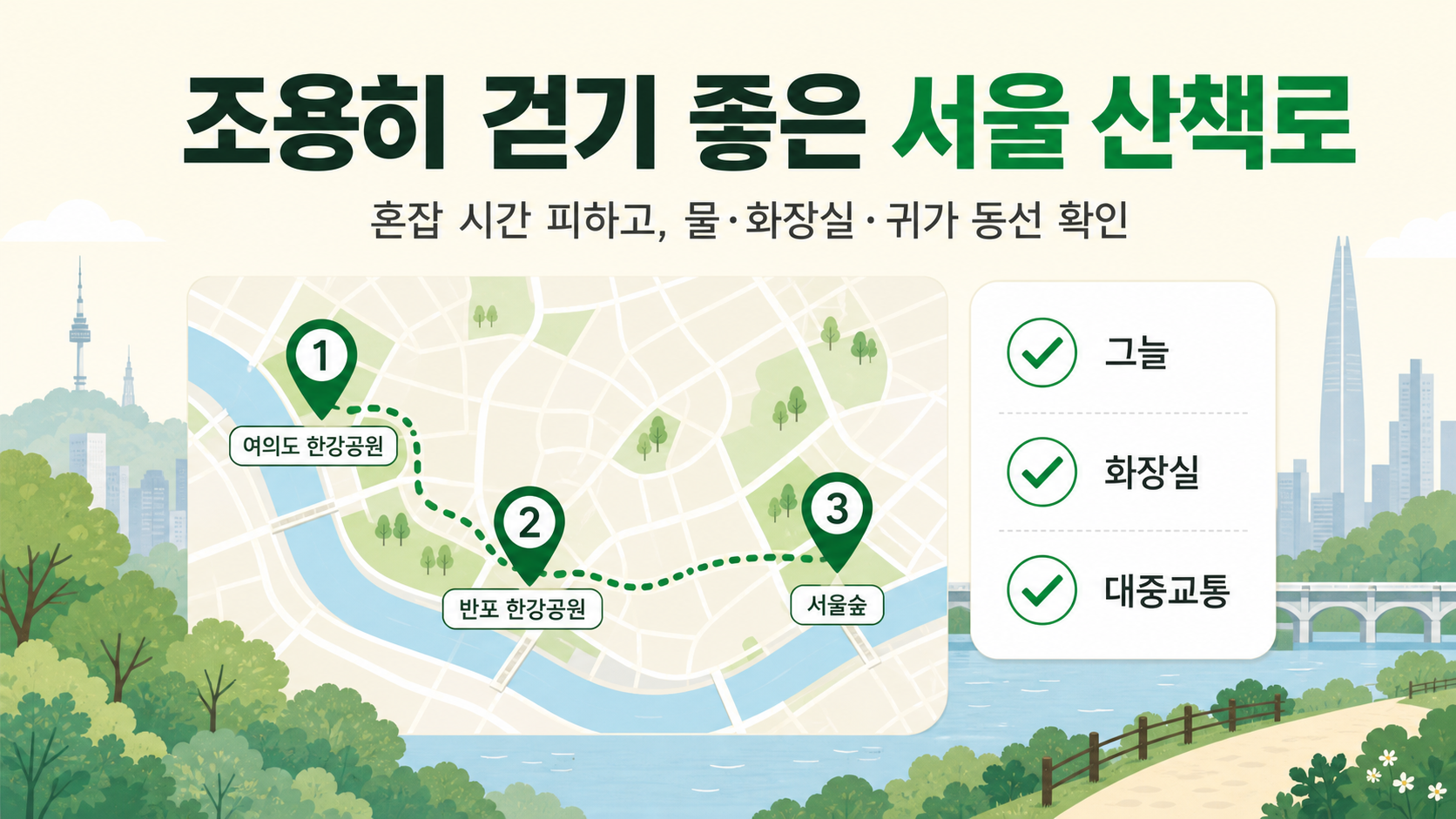 조용히 걷기 좋은 서울 산책로의 시간대와 준비를 안내하는 정보카드
