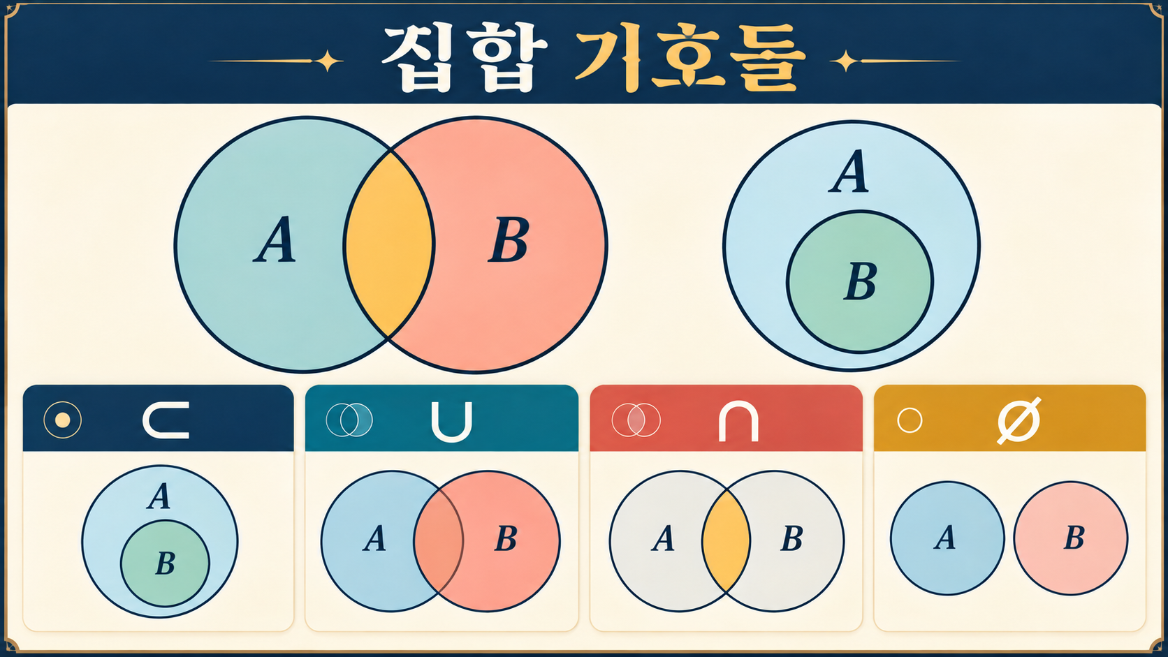 부분집합과 합집합, 교집합, 공집합을 비교하는 정보카드