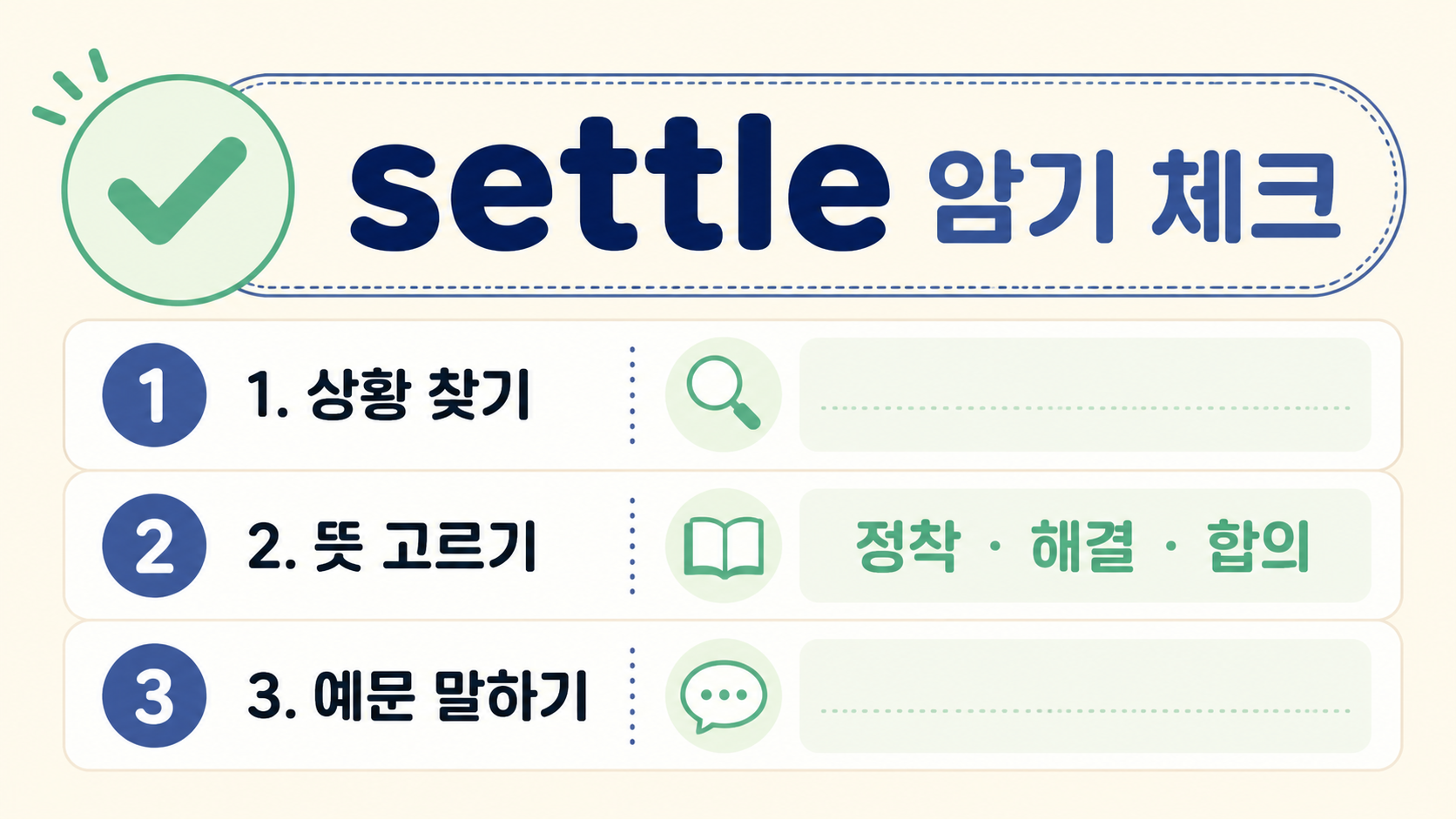 settle 단어를 문맥과 예문으로 암기하는 체크리스트 정보카드