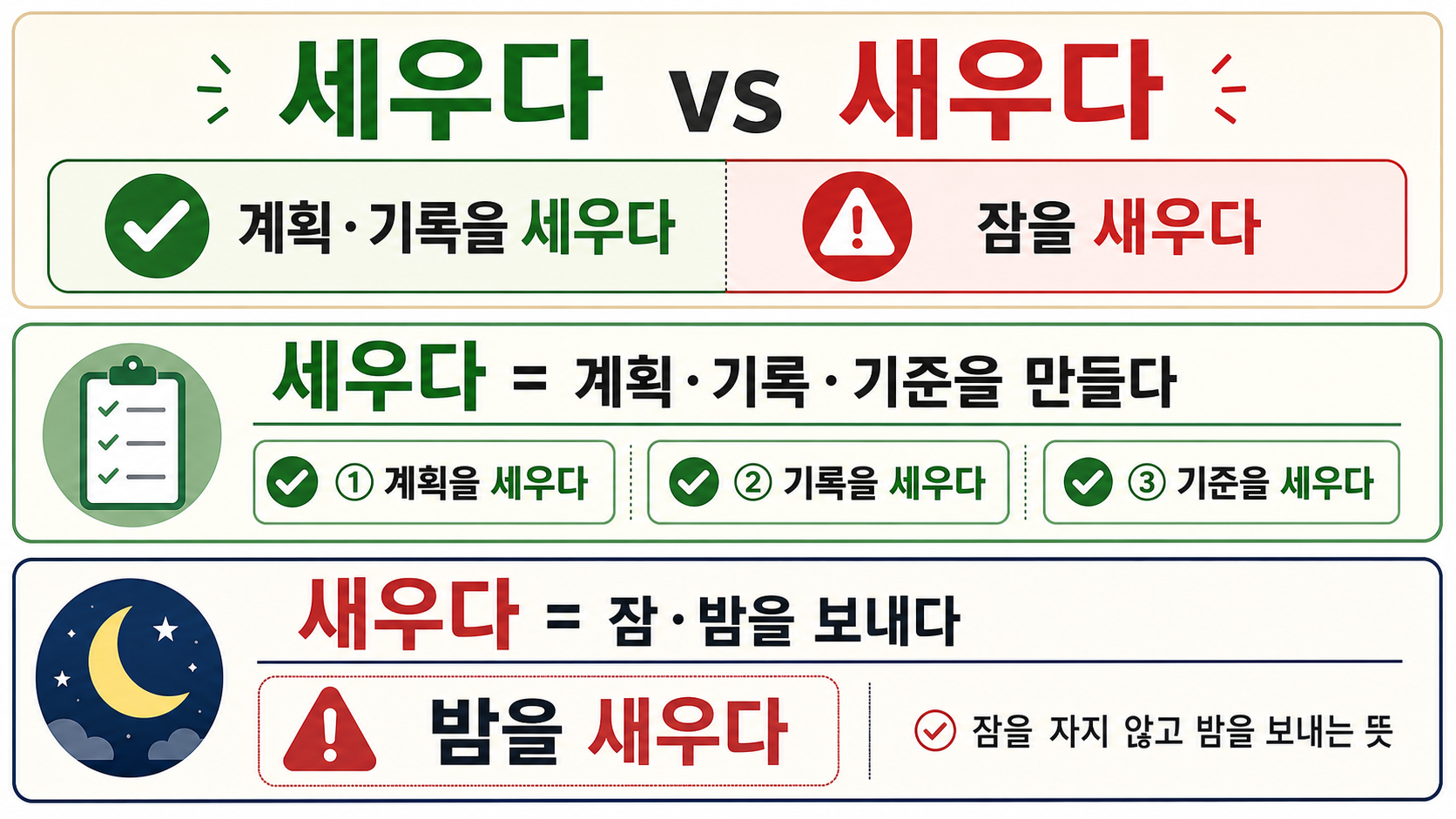 밤을 새우다와 잠을 새우다 활용을 정리한 한국어 정보 카드