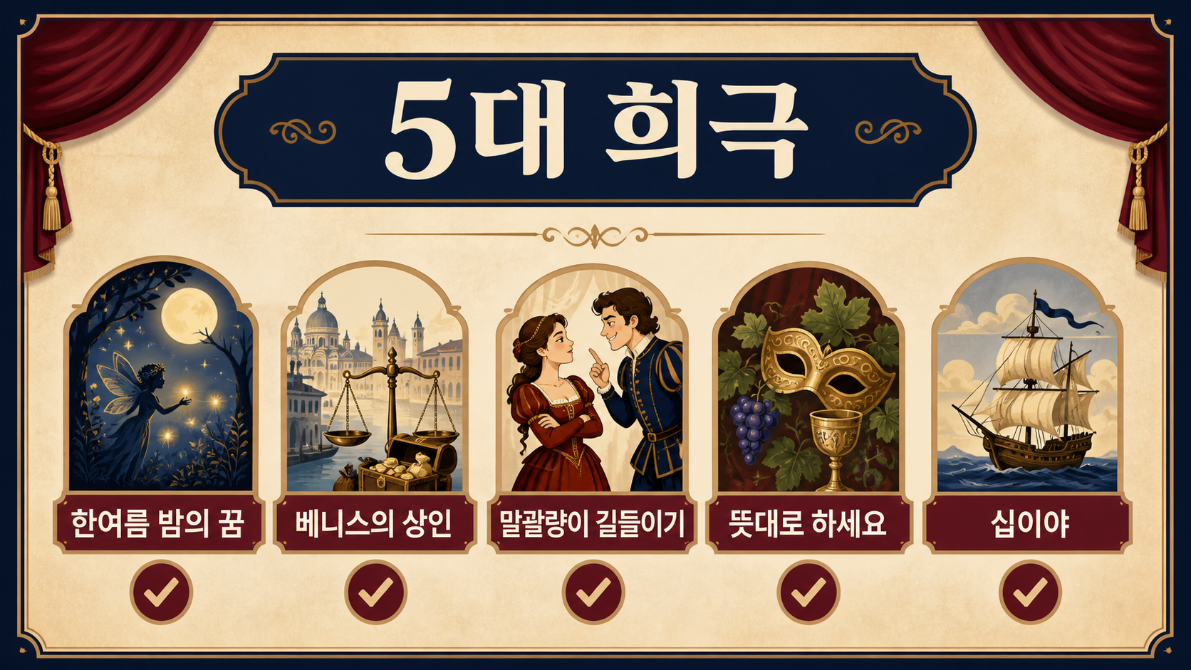 셰익스피어 5대 희극 작품을 정리한 한국어 정보카드