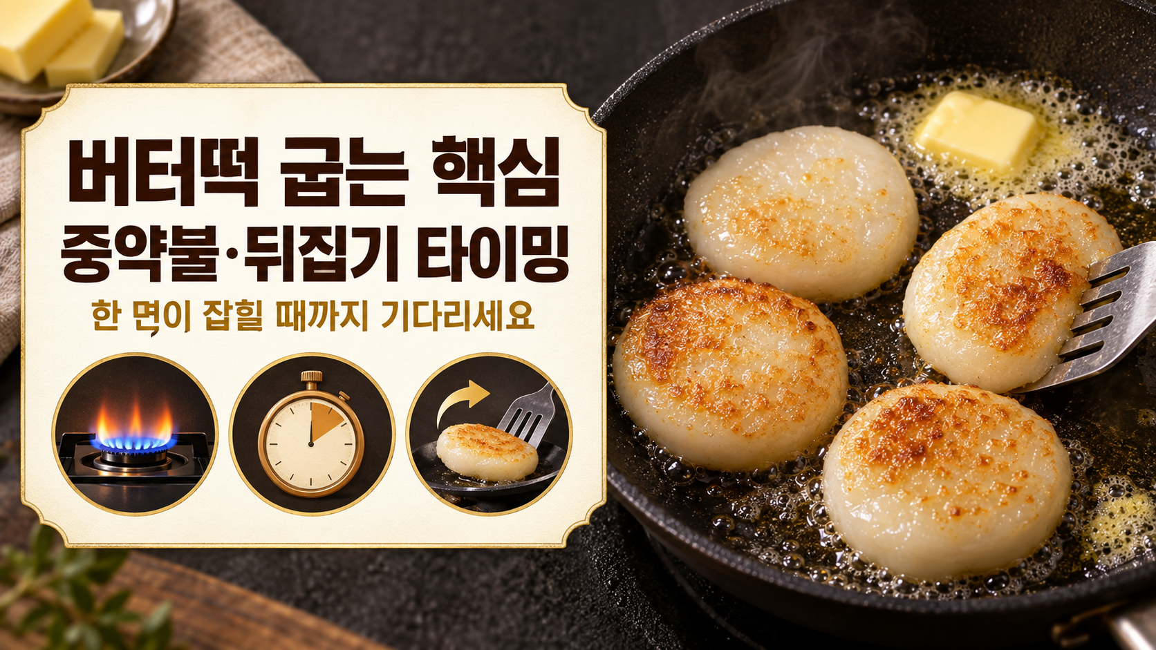 팬에서 버터떡 네 조각을 중약불로 굽는 모습