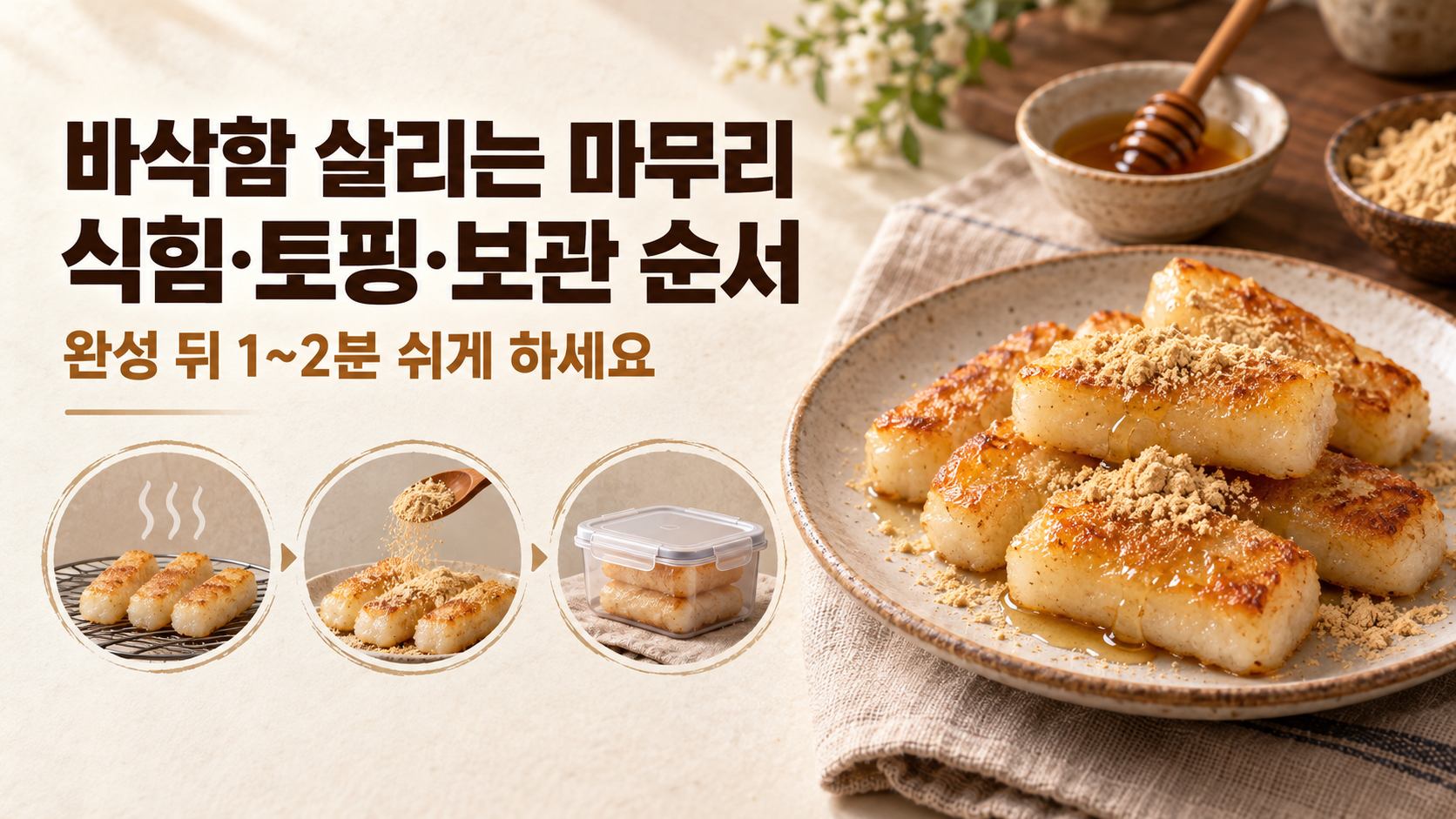 접시에 담긴 노릇한 버터떡과 따뜻할 때 즐기라는 안내